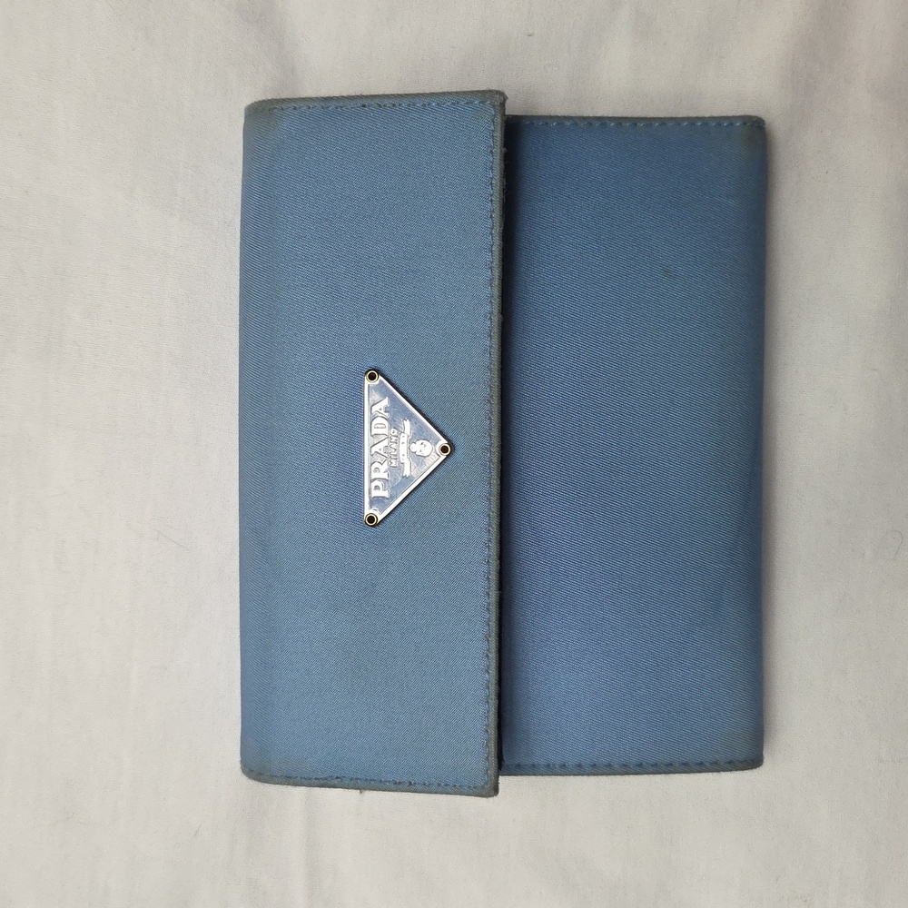 PRADA Blue Tessuto Nylon and Black Saffiano Leather Trifold WALLET